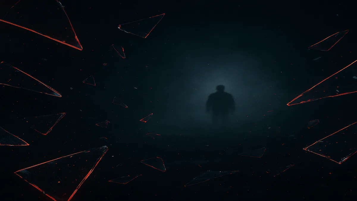 Dark thriller atmosphere with red shards and silhouette in fog