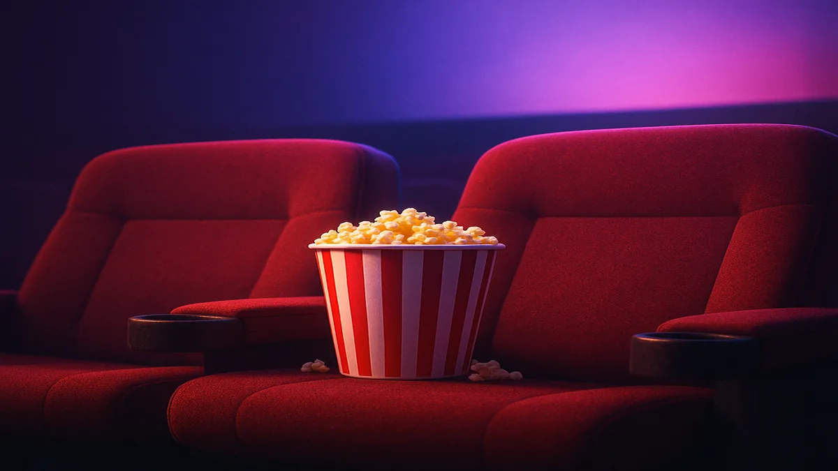 Two cinema seats with popcorn in soft purple and pink ambient lighting