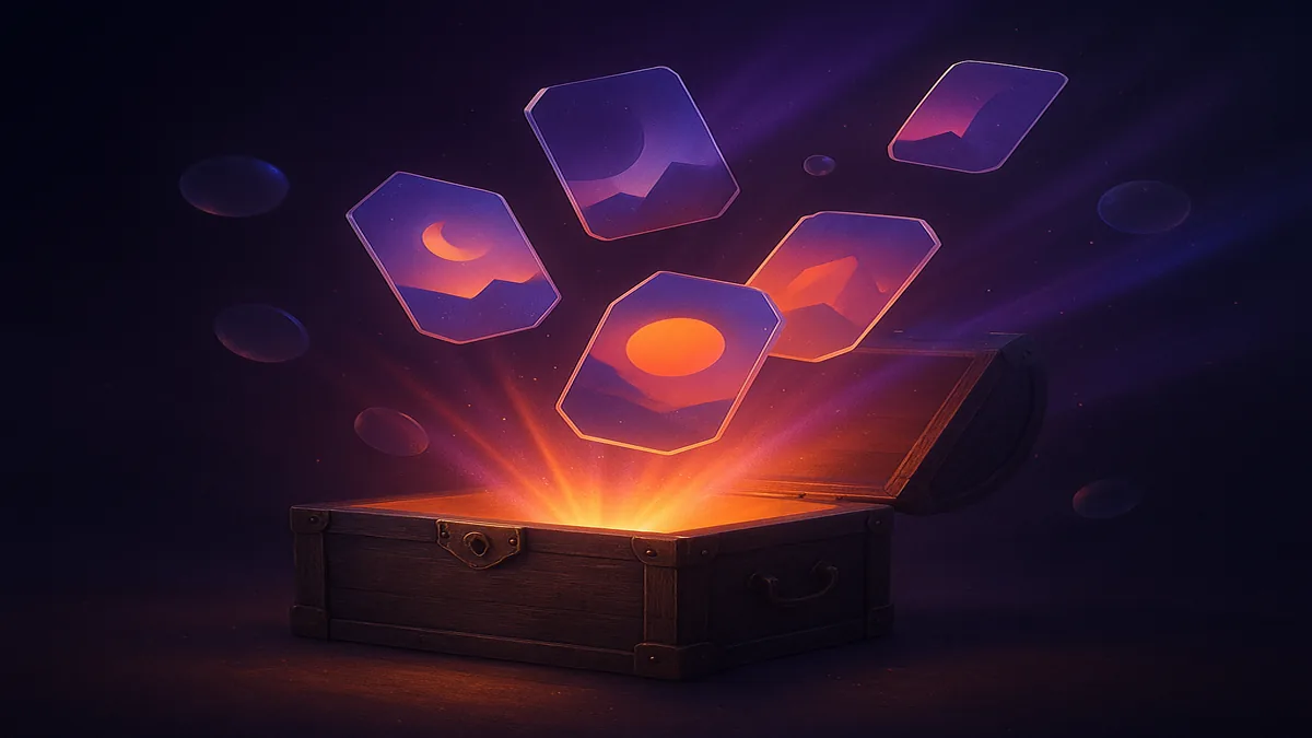 Treasure chest opening with neon poster cards emerging in aurora glow
