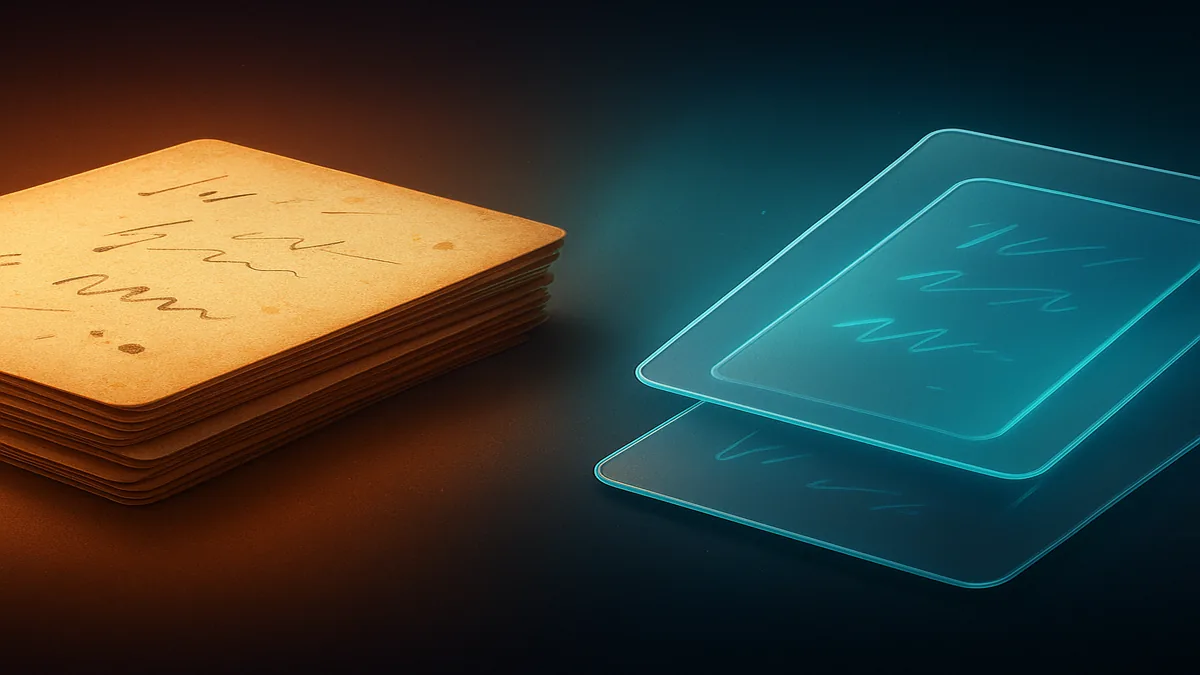 Vintage film cards transitioning into modern glassmorphism cards in orange-cyan gradient
