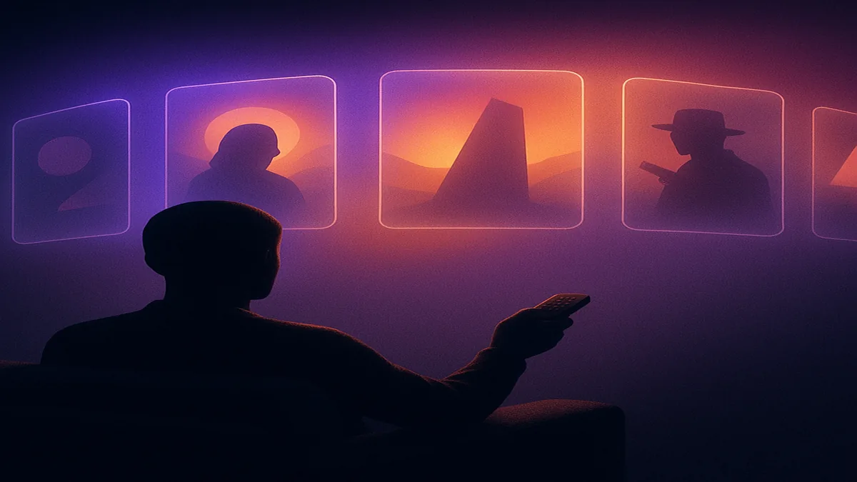 Person on couch with TV remote and floating poster cards in soft neon glow