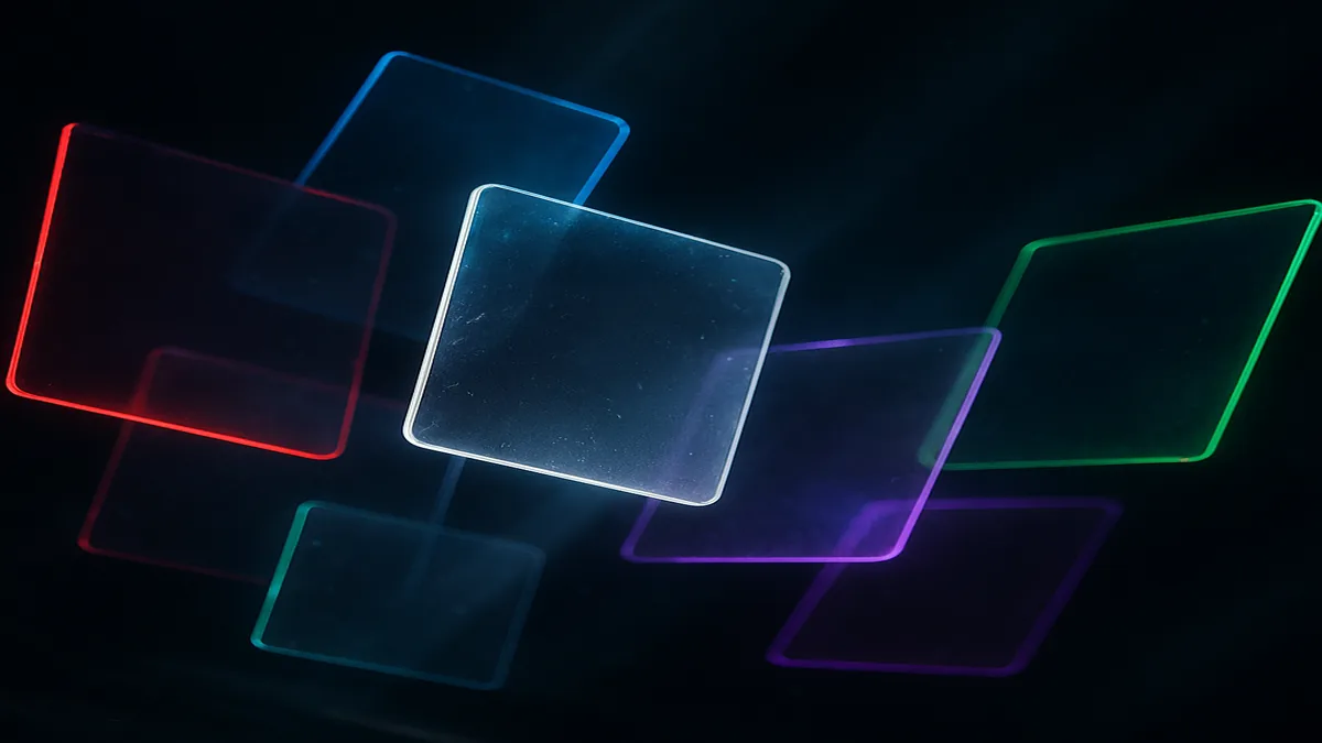 Translucent glass panels with brand-colored neon edges in dark space