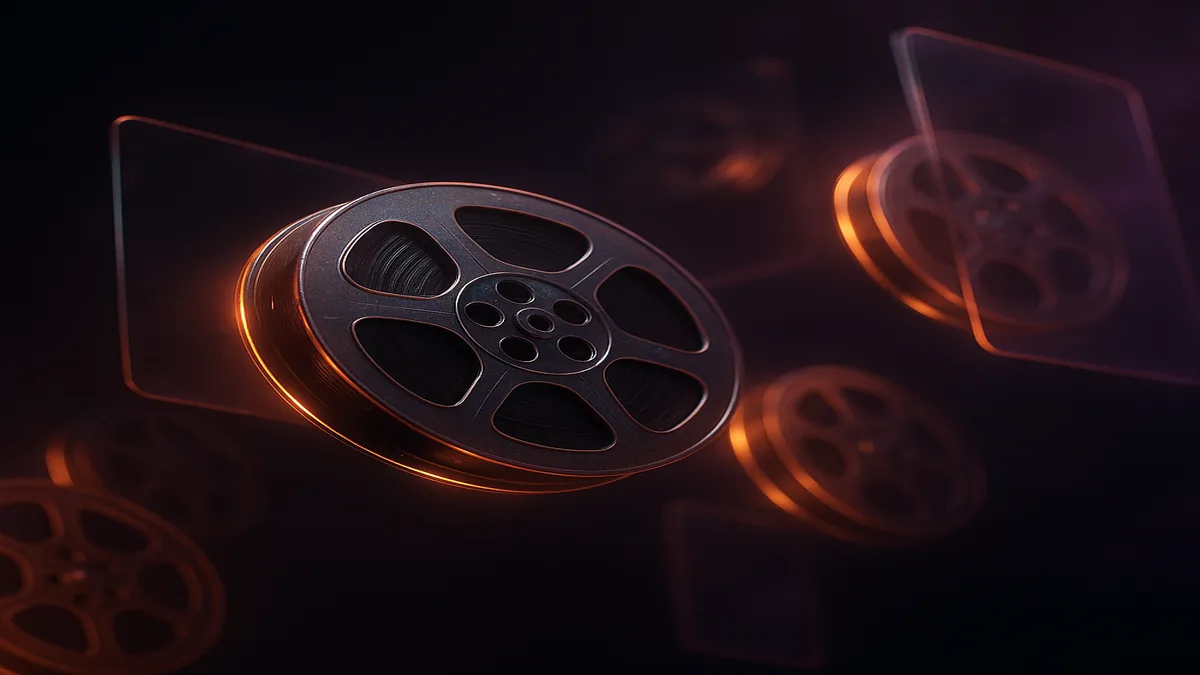 Stylized trailer reels stacked on dark background with neon orange glow