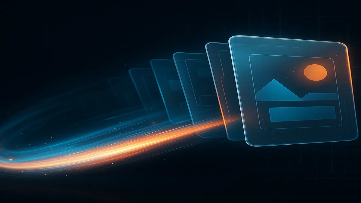 Abstract swipe gesture trail with movie cards on technical blueprint background